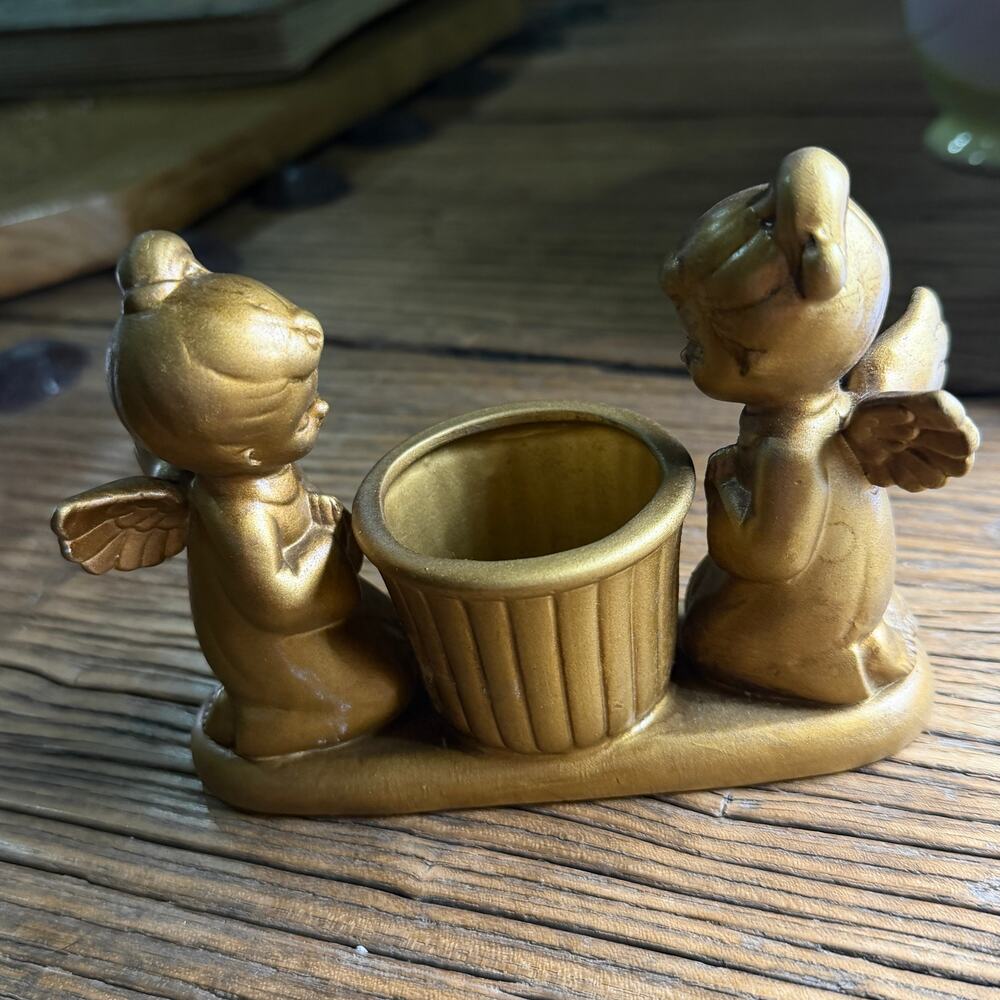 Praying Angels Votive Candle Holder Gold Ceramic Cherub Japan Christmas Retro